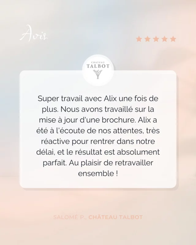 💬 Vos retours : la clé de mon inspiration.

" Super travail avec Alix une fois de plus. Nous avons travaillé sur la mise à jour d'une brochure. Alix a été à l'écoute de nos attentes, très réactive pour rentrer dans notre délai, et le résultat est absolument parfait. Au plaisir de retravailler ensemble ! " Salomé P., @chateautalbot 

Vos avis sont ma plus grande récompense et me motivent à repousser les limites de ma créativité. 🌟
Merci pour votre confiance et vos collaborations enrichissantes !

👉 Et vous ? Prêt(e) à donner vie à votre projet ? Contactez-moi pour une identité visuelle sur mesure.
.
.
#AvisClient #GraphismeAvecPassion #IdentitéVisuelle #Créativité #alixds 

👩🏻‍💻 Graphiste en freelance, je crée des identités visuelles et réalise des supports de communication print & web épurés, élégants et modernes.