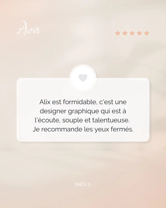 🌟 Vos avis comptent ! 🌟
Chaque retour est une source d’inspiration pour continuer à vous offrir des designs qui marquent les esprits.

« Alix est formidable, c’est une designer graphique qui est à l'écoute, souple et talentueuse. Je recommande les yeux fermés. » @inesgoddardjosseaume 

💬 Vous avez collaboré avec moi et souhaitez partager votre expérience ? Laissez-moi un petit mot, cela m’aide à m’améliorer et à montrer mon travail à d’autres entreprises en quête de créativité. 🙏

🔗 Vous pouvez me laisser un avis sur Google (lien dans ma bio), merci d’avance pour votre soutien ❤️
.
.
#AvisClient #MerciPourVotreConfiance #GraphismeAvecPassion #DesignPersonnalisé #alixds 

👩🏻‍💻 Graphiste en freelance, je crée des identités visuelles et réalise des supports de communication print & web épurés, élégants et modernes.